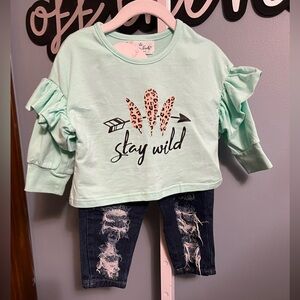 Marie Nicole Stay Wild Mint Green Leopard Ruffle Shirt and Distressed Jean Set